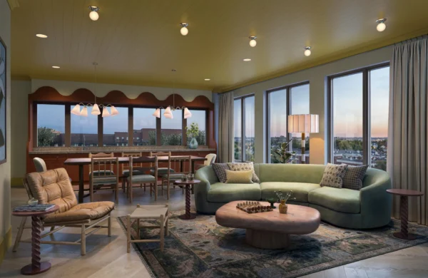 Fifth floor lounge with views of Raleigh at Heyday Raleigh
