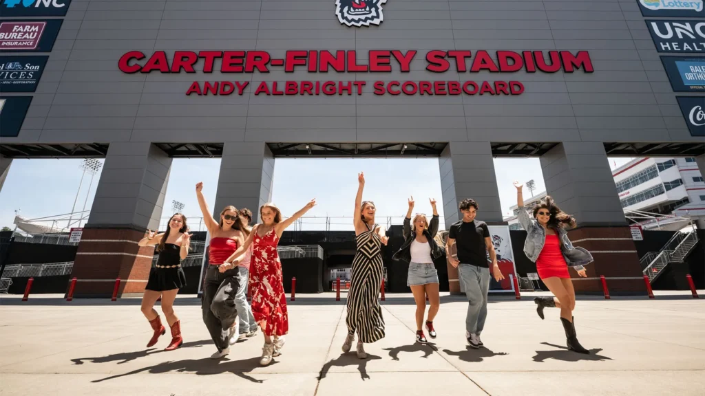 Group of students smiling and laughing outside Carter-Finley Stadium