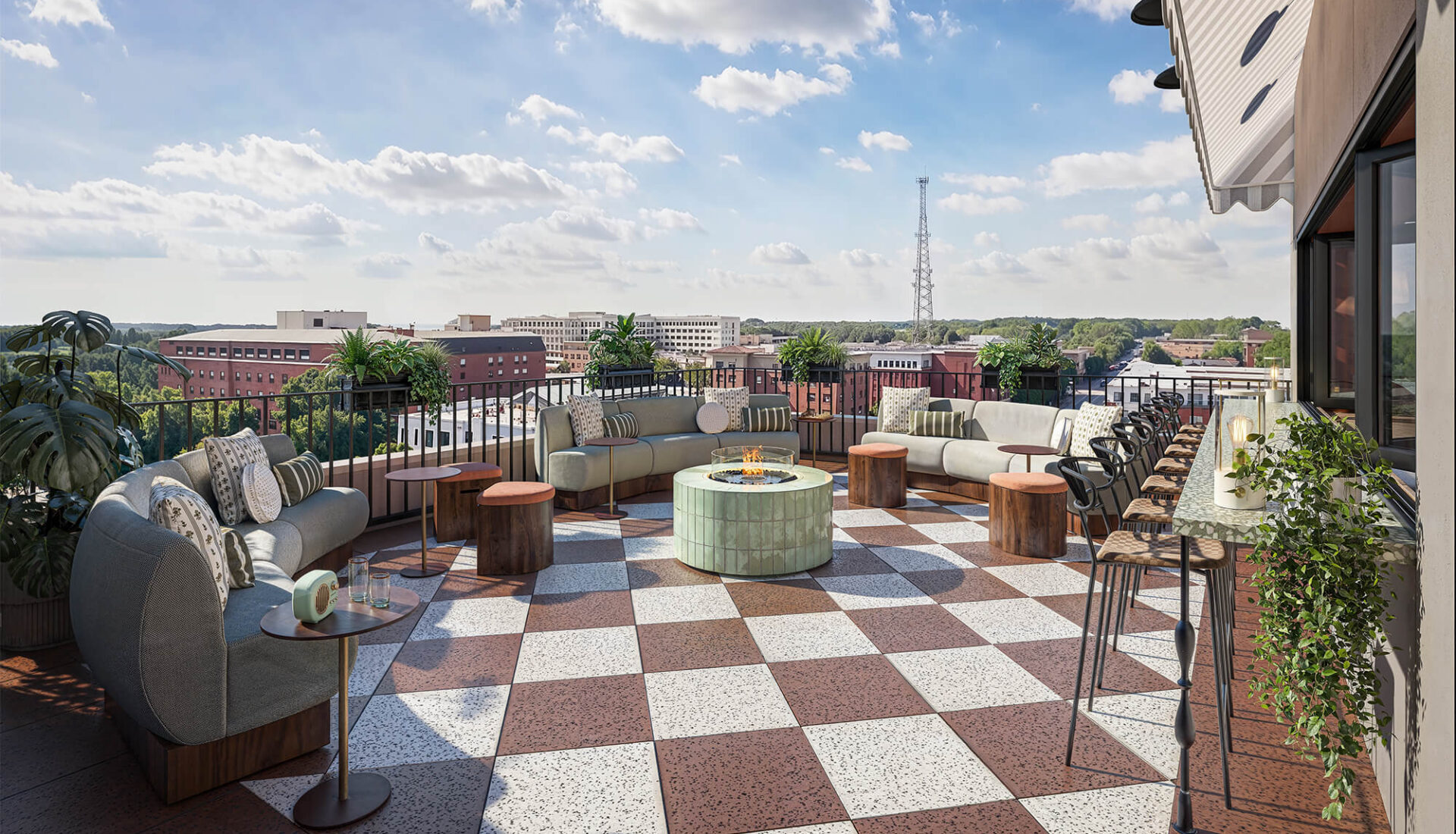 5th floor amenity deck with firepit lounge seating and bar seating