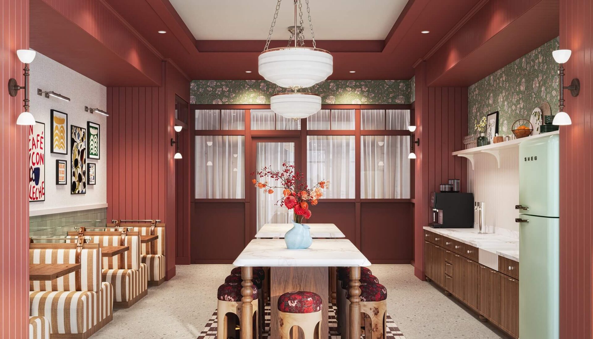 Community kitchen with booth seating and Smeg refrigerator at Heyday Raleigh