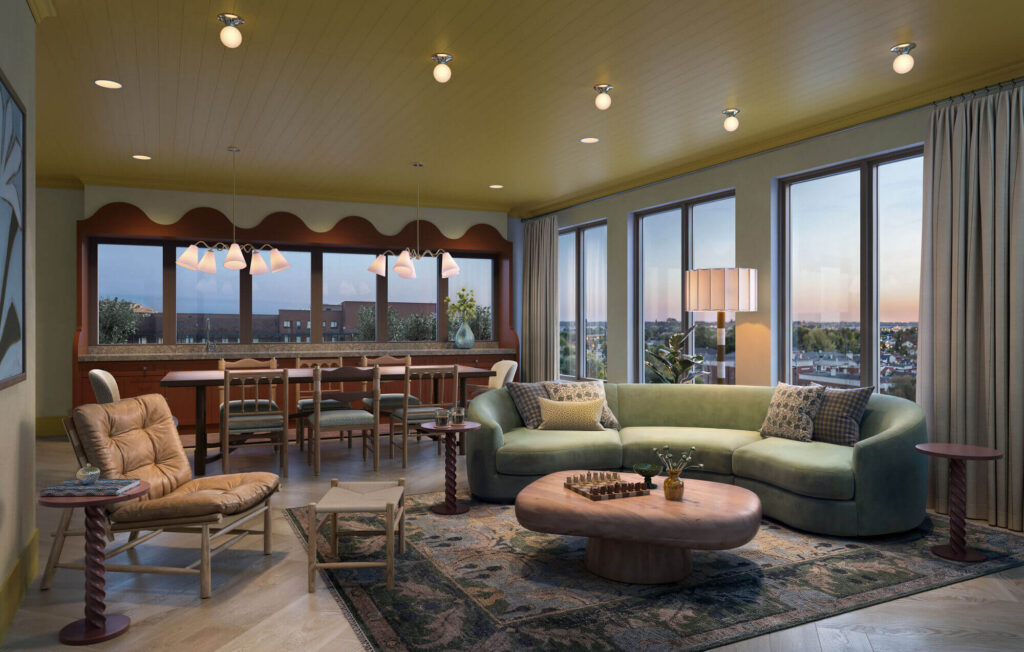Fifth floor lounge with views of Raleigh at Heyday Raleigh