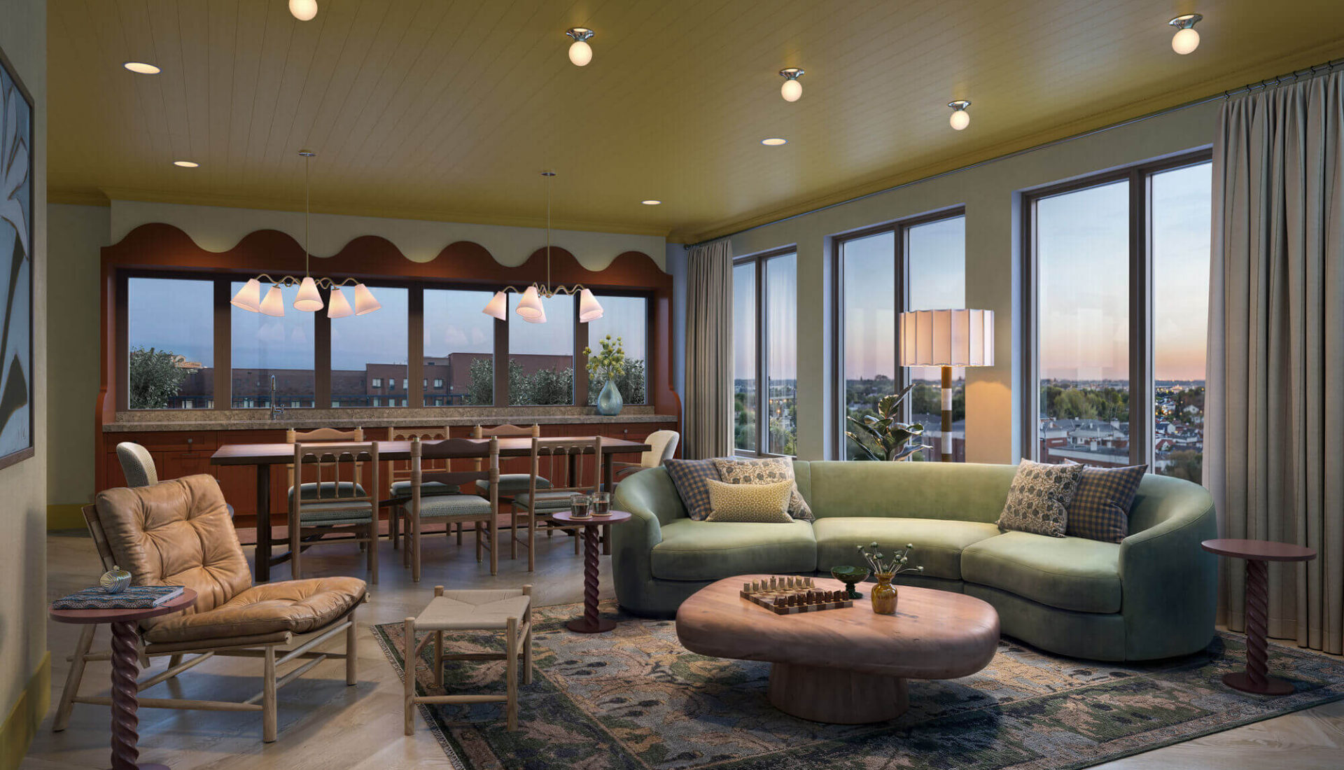 Fifth floor lounge with views of Raleigh at Heyday Raleigh