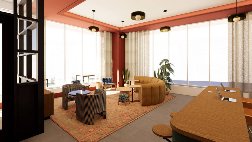 Lobby lounge area with coworking table