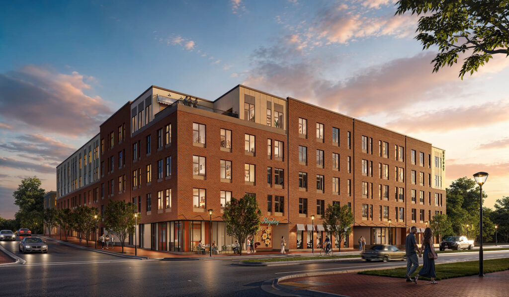 Rendering of Heyday Raleigh exterior at sunset
