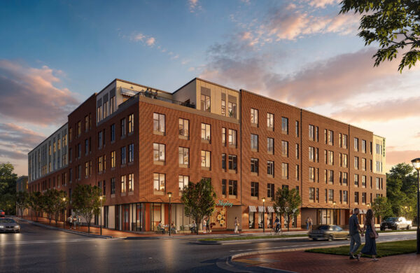 Rendering of Heyday Raleigh exterior at sunset