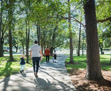 people strolling on wooded park walkway