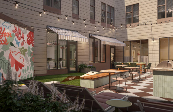 Rendering of outdoor turf game area and courtyard at Heyday Raleigh