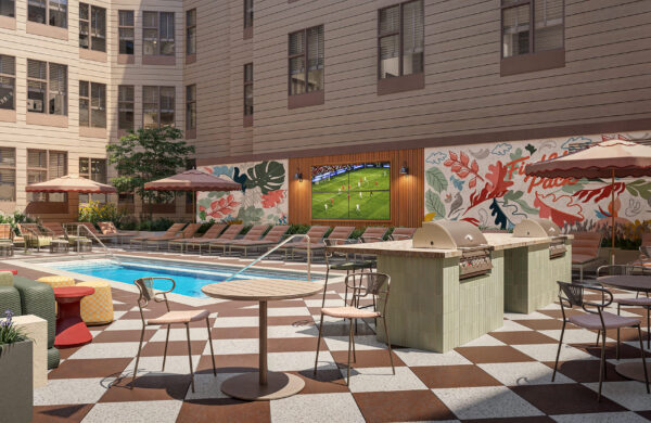 Rendering of the pool and sundeck with grilling stations at Heyday Raleigh