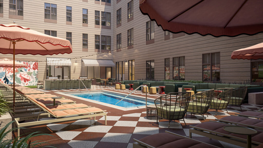 Rendering of the resort style heated pool at Heyday Raleigh