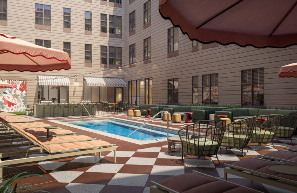 Rendering of the resort style heated pool at Heyday Raleigh