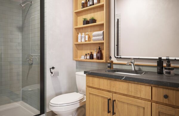 bathroom with wooden vanity and shower