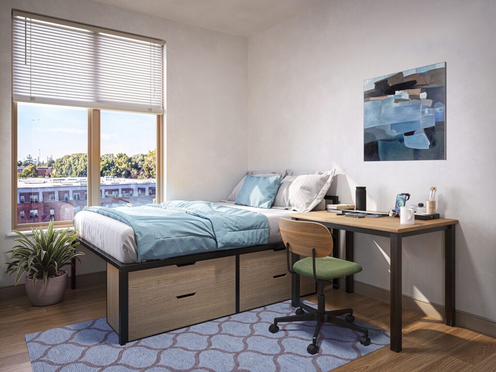 Rendering of furnished student bedroom with underbed storage and a desk