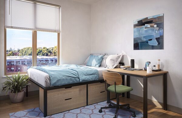 bedroom with storage bed and desk