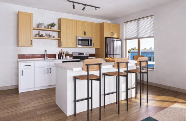 kitchen with island and bar stools
