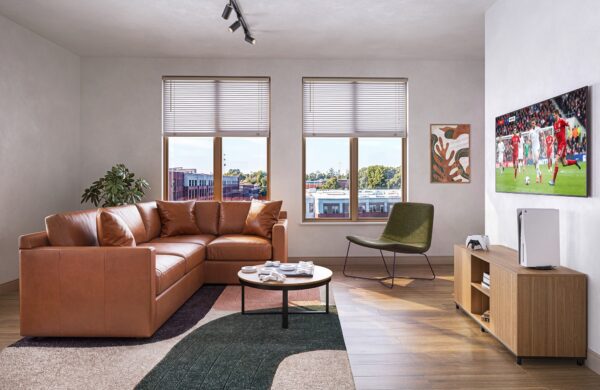 living room with leather sectional sofa